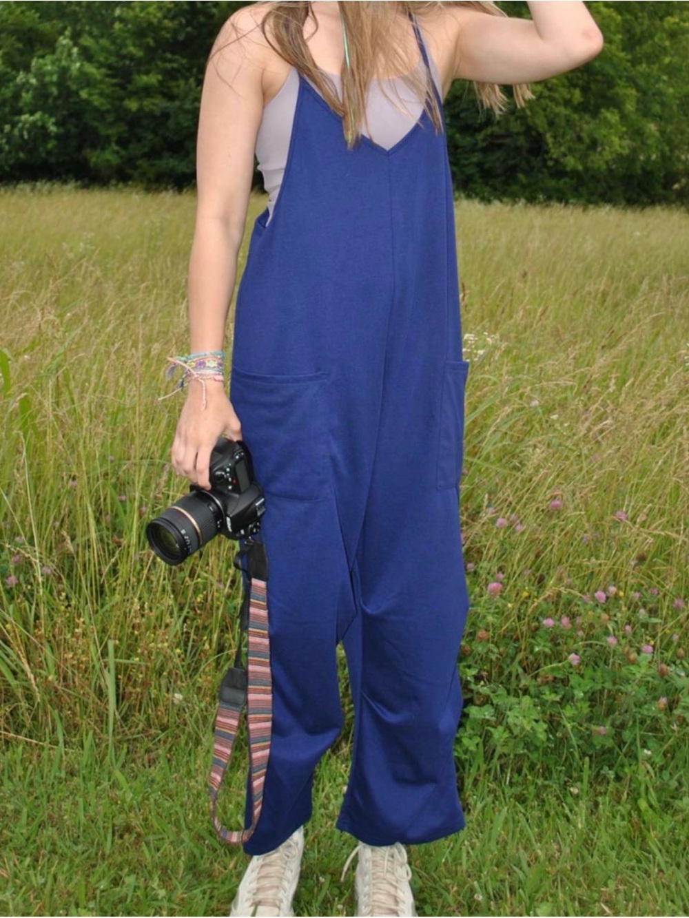 Blue Casual V-Neck Cotton Jumpsuit